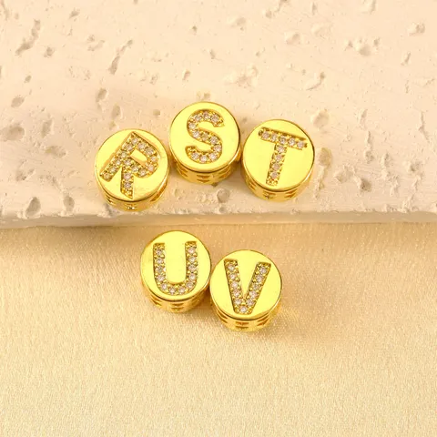 Luxus Vergoldet Kupfer Runde Englische Buchstaben Charms Glänzend Strass DIY Schmuckzubehör