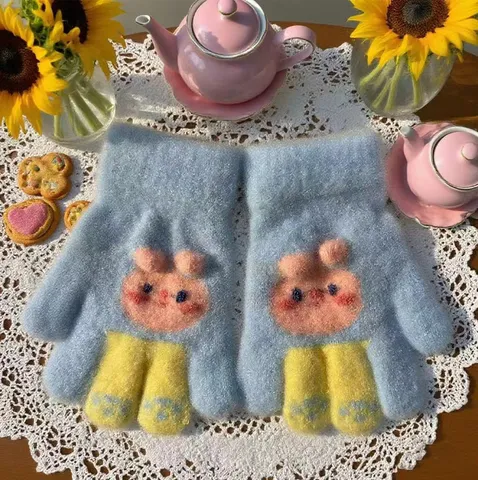Guanti Caldi Invernali per Bambini Carine Orecchie di Coniglio Lavorati a Maglia a Cinque Dita Antifreddo