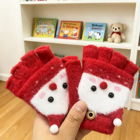 Guanti in Maglia Caldi Invernali per Bambini Simpatici Guanti Mezzo Dito con Copertura a Ribalta a Tema Pupazzo di Neve in Acrilico Foderati in Peluche