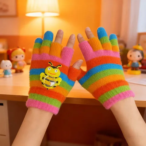 Guanti a Maglia Caldi Invernali per Bambini Simpatico Design Orologio Cartoon Misto Cashmere Moffole Spesse per Tempo Freddo