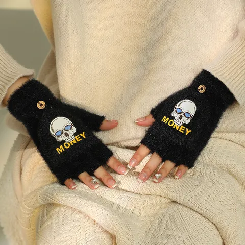 Guanti Mezza Dita in Peluche Caldi Invernali Donna Carino Stile Giapponese Halloween Teschio Luminoso Stampa Guanti Termici Ciclismo