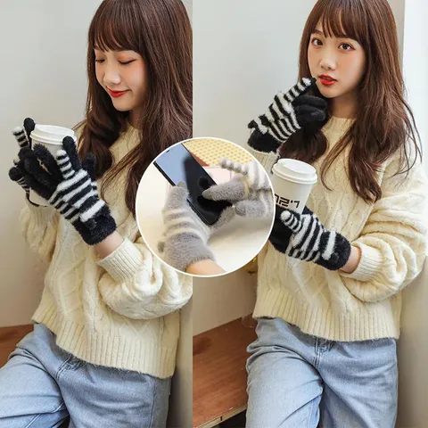 Guanti Touch Screen Invernali Pelliccia di Visone Peluche A Righe Guanti Caldi Casual Esterni Clima Freddo Guanti Termici Per Donne