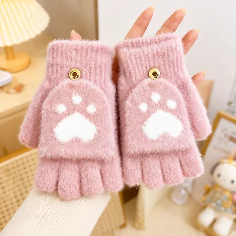 Guanti Lavorati a Maglia Caldi Ispessiti Invernali Mezzo Dito con Risvolto Carina Zampa di Gatto Mittens in Pelliccia Sintetica di Visone per Donna