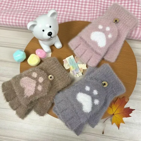 Guanti Lavorati a Maglia Caldi Ispessiti Invernali Mezzo Dito con Risvolto Carina Zampa di Gatto Mittens in Pelliccia Sintetica di Visone per Donna