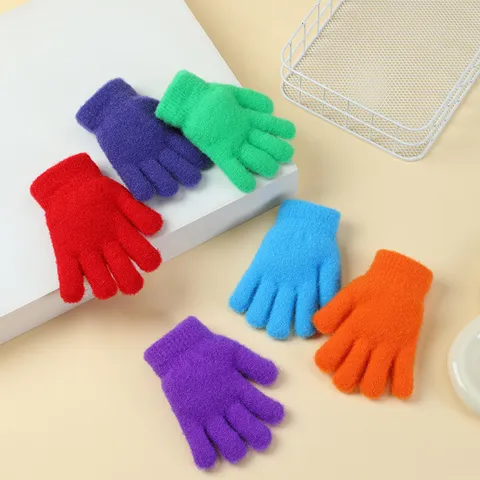 Kinderen Winter Warm Gebreide Handschoenen Effen Kleur Verdikt Imitatie Nertsvel Vijf Vingers Handschoenen Voor Kinderen Koude Weer