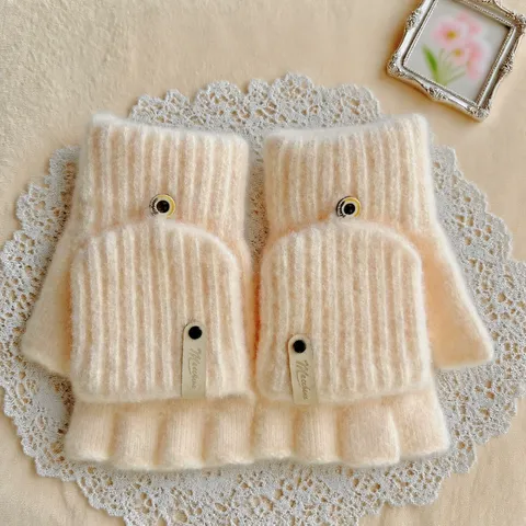 Donna Inverno Carino Foderato in Pile Caldo Lana Maglia Mezzo Dito Guanti con Patta Studente Scrittura Mittens Convertibili