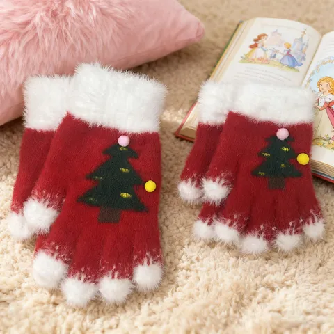 Niños Adultos Invierno Cálido Guantes de Punto Lindo Árbol de Navidad Patrón Espesado Puños de Felpa Clima Frío Guantes