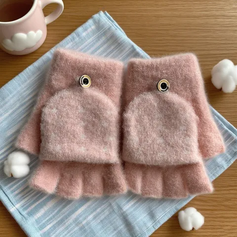 Kids Cute Cartoon Knit Flip-Top Gloves Winter Thickened Warm Thermal Half-Finger Mittens For Children Boys Girls