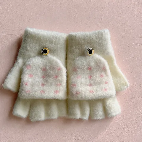 Kids Cute Cartoon Knit Flip-Top Gloves Winter Thickened Warm Thermal Half-Finger Mittens For Children Boys Girls