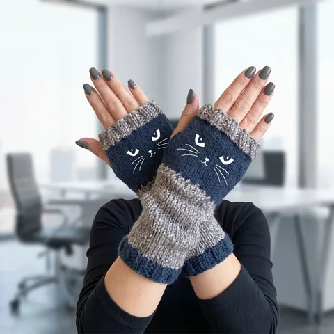 Guanti Senza Dita in Maglia Calda Invernale da Donna con Motivo Ricamato Manicotti Termici Casual da Esterno