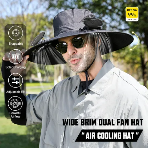 Cappello da Pescatore di Protezione Solare per Esterni da Uomo con Doppia Ventola Solare Traspirante