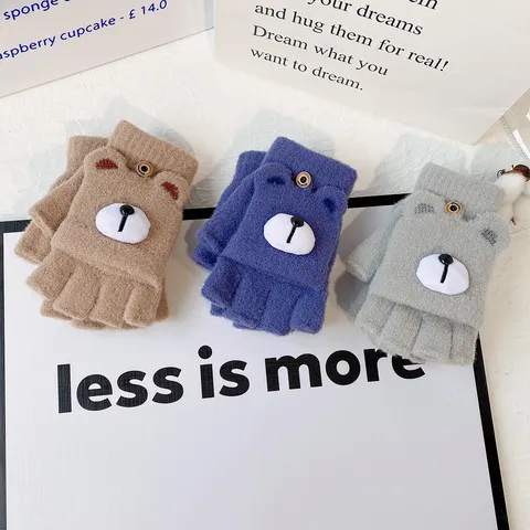 Women Winter Thickened Mink Fleece Half-Finger Flip-Cover Cartoon Bear Gloves Office Warm Gloves