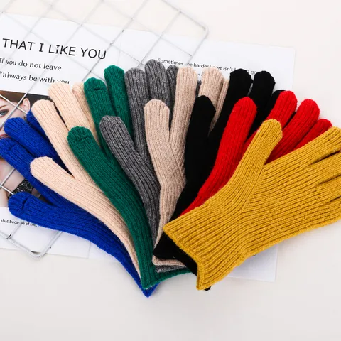 Women Winter Warm Knit Touch Screen Gloves Solid Color Vertical Stripe Velvet Half Finger Fleece Lined Thermal Mittens
