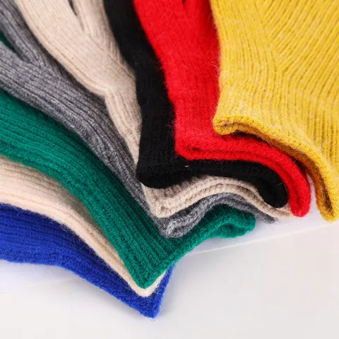 Women Winter Warm Knit Touch Screen Gloves Solid Color Vertical Stripe Velvet Half Finger Fleece Lined Thermal Mittens