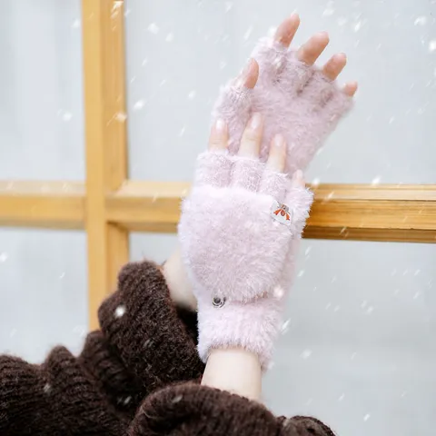 Guanti Invernali Caldi in Maglia Peluche Mezzo Dito Copertura Ribaltabile Simpatico Corno di Cervo Spessi Tempo Freddo