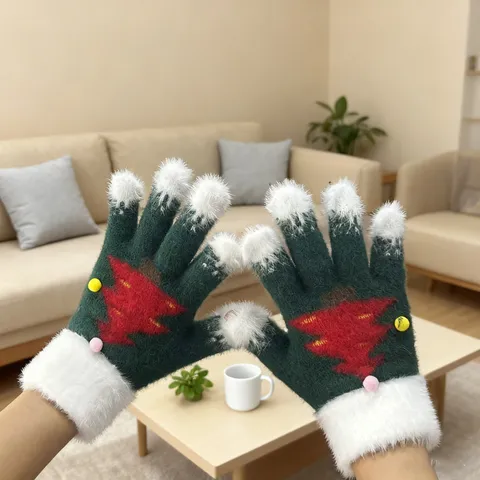 Niños Adultos Invierno Cálido Guantes de Punto Lindo Árbol de Navidad Patrón Espesado Puños de Felpa Clima Frío Guantes
