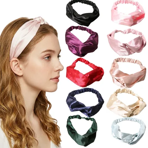 Women Satin Twisted Knot Headband Wide Elastic Hair Band Solid Color Simulation Silk Makeup Face Wash Head Wrap Yoga Spa Turban