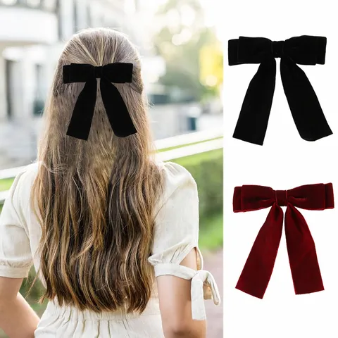 Large Gold Velvet Bow Streamer Hair Clip Handmade Sweet Burgundy Black Duckbill Clip Retro High-end Hairpin Women Accessory