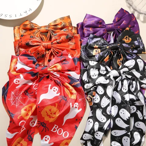 Pinzas para el Cabello con Lazo Grande de Halloween para Mujer Tela Satén Calabaza Fantasma Telaraña Patrón Cinta Larga Pasador de Pelo para Fiesta Accesorios