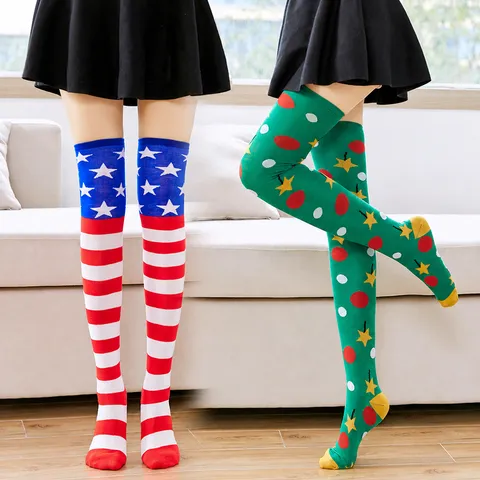 Calze Natalizie da Donna Sopra il Ginocchio Cosplay per Feste in Cotone
