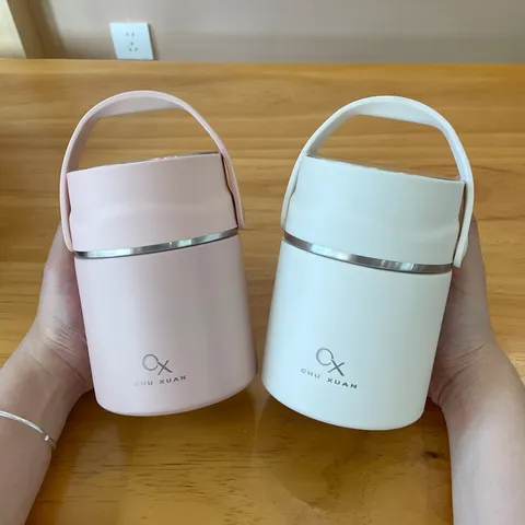 Minimalistischer Koreanischer Stil Cremefarben Edelstahl Isolierbehälter Tragbare Wärmeisolierung Brotdose Vakuum Speisebehälter Mit Klapplöffel Für Büro Reise Studenten