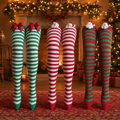 Weihnachten Rot Grün Gestreift Overknee Lange Socken Schleife Bommel Weihnachtsmann Süß Feiertag Mode Strumpfwaren Damen