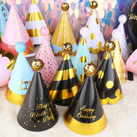 Sequin Ball Birthday Party Hat Gold Foil Polka Dot Stripe Paper Celebration Hat For Kids Adults Cake Decoration Birthday Supplies