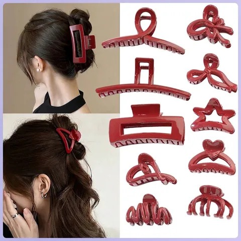 Korean Dark Red Hair Claw Shark Clip Polystyrene Painted Hair Accessories For Women New Year Festive Elegant Hollow Hair Clip Styling Tool