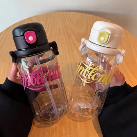 Botella de Agua de Plástico para Deportes al Aire Libre de Gran Capacidad Con Pajita Y Correa Ajustable Vaso Portátil Para Estudiantes Viajes de Verano