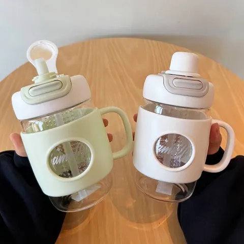 Borosilikatglas Wasserflasche Mit Silikonhülle Hohe Kapazität Strohhalmbecher Große Desktop Büro Tee Trennung Tasse Mit Griff