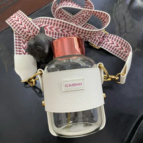 Casno Borosilikatglas Wasserflasche Hitzebeständig Transparent Tragbarer Becher Mit Lederhülle Und Schultergurt Für Studenten