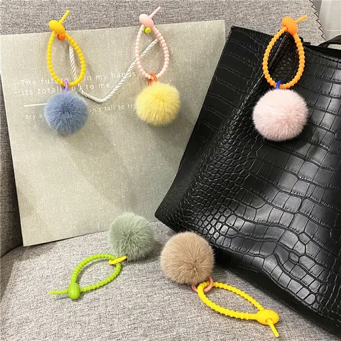 Cute Plush Pom Pom Bag Charm Colorful Silicone Strap Keychain Heart Shaped Faux Fur Keyring For Women Car Keys Accessory