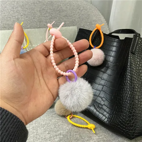 Cute Plush Pom Pom Bag Charm Colorful Silicone Strap Keychain Heart Shaped Faux Fur Keyring For Women Car Keys Accessory