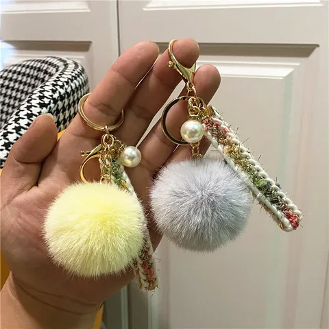 Elegant Faux Fur Pom Pom Keychain With Tweed Ribbon And Artificial Pearl For Women Bag Charm Elegant Car Key Ring Accessory