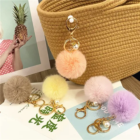 Cute Macaron Color Plush Ball Keychain Soft Artificial Fur Pom Pom Elegant Artificial Pearl Bag Charm For Women Gift