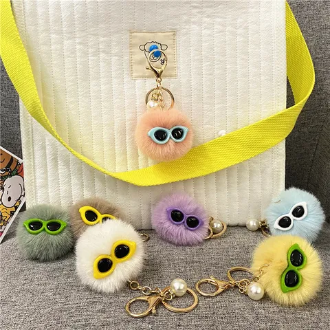 Ugly Cute Plush Monster Keychain Faux Fur Ball Bag Pendant Charm Decoration With Sunglasses And Artificial Pearl For Women
