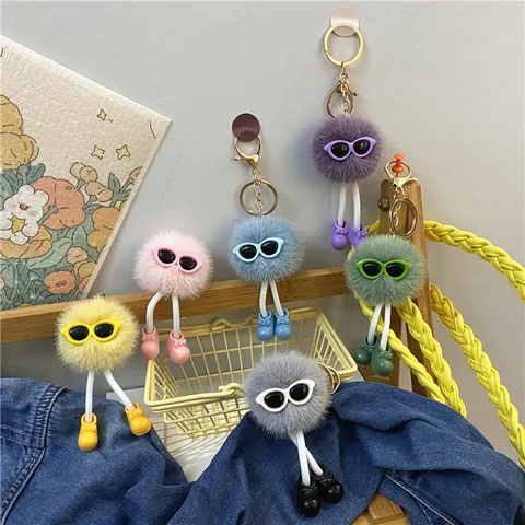 Creative Cartoon Soot Sprite Plush Keychain Cute Long Leg With Shoes Sunglasses Faux Mink Fur Bag Pendant Gift For Women Men