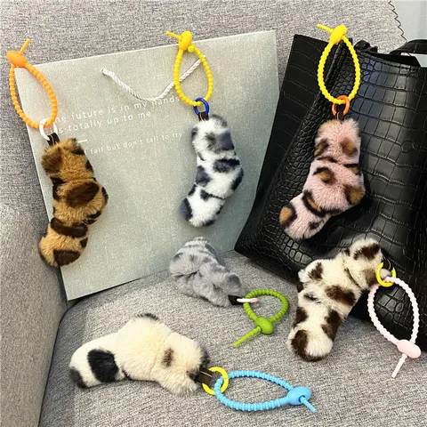 Cute Leopard Print Plush Bag Charm Fashion Faux Fur Twist Knot Keychain For Handbag Schoolbag Car Key Accessories Women Girls