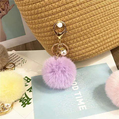 Cute Macaron Color Plush Ball Keychain Soft Artificial Fur Pom Pom Elegant Artificial Pearl Bag Charm For Women Gift