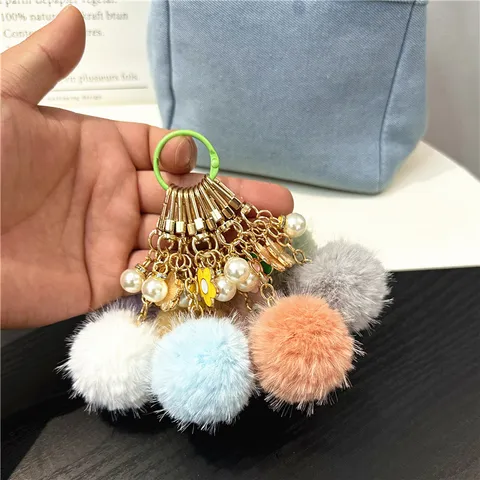 Fresh Plush Pom Pom Keychain With Enamel Flower Artificial Pearl Colorful Candy Ball Bag Charm For Women Car Key Accessories
