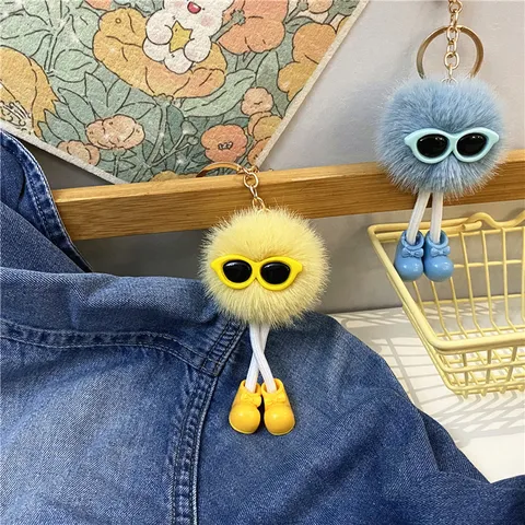 Creative Cartoon Soot Sprite Plush Keychain Cute Long Leg With Shoes Sunglasses Faux Mink Fur Bag Pendant Gift For Women Men