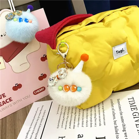 Cute Ice Cream Plush Keychain Faux Fur Pompom Cartoon Doll Bag Pendant For Women Girls Decorative Keyring Accessory Gift