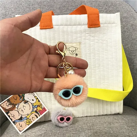 Ugly Cute Plush Monster Keychain Faux Fur Ball Bag Pendant Charm Decoration With Sunglasses And Artificial Pearl For Women