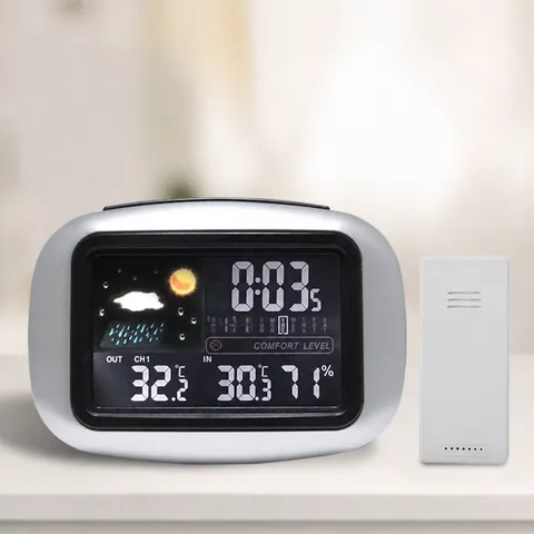 Horloge Météo Sans Fil Écran Couleur Multifonctionnelle Moniteur de Température et Humidité Intérieur Extérieur Réveil