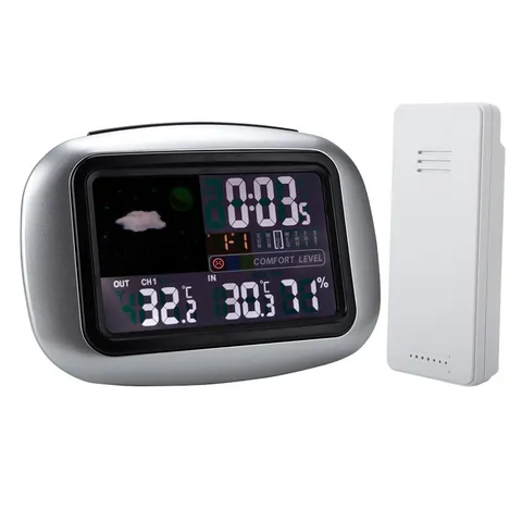 Horloge Météo Sans Fil Écran Couleur Multifonctionnelle Moniteur de Température et Humidité Intérieur Extérieur Réveil