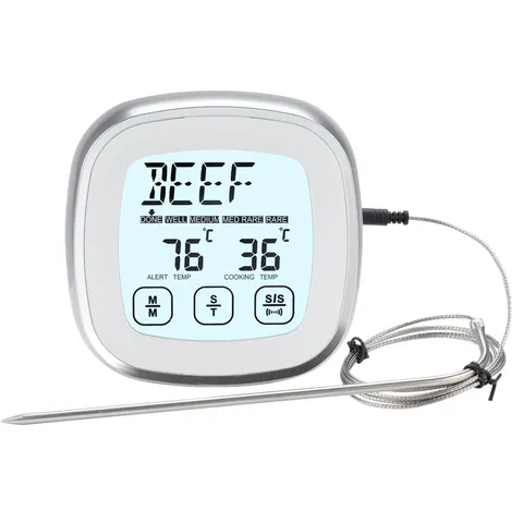 Thermomètre Numérique pour Viande et Aliments Minuterie Tactile de Cuisine avec Sonde en Inox pour Cuisson Barbecue et Pâtisserie