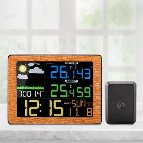 Horloge Météo Sans Fil Écran Couleur Thermomètre Intérieur Extérieur Hygromètre Réveil Numérique Avec Bordure Effet Bois