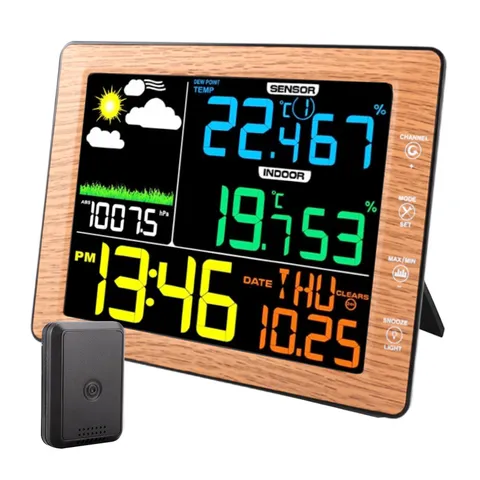 Wireless Color Screen Weather Clock Indoor Outdoor Thermometer Hygrometer Digital Alarm Clock With Wood Grain Border