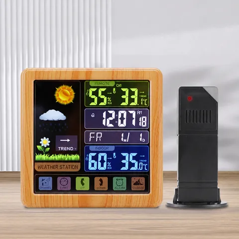 Kleurenscherm Weersvoorspelling Klok Volledige Touchscreen Draadloos Elektronisch Weerstation Binnen Buiten Thermo-Hygrometer Wekker Houtnerf