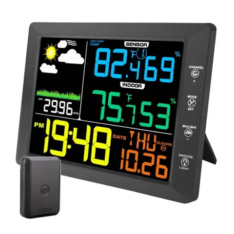Wireless Color Screen Weather Clock Indoor Outdoor Thermometer Hygrometer Digital Alarm Clock With Wood Grain Border